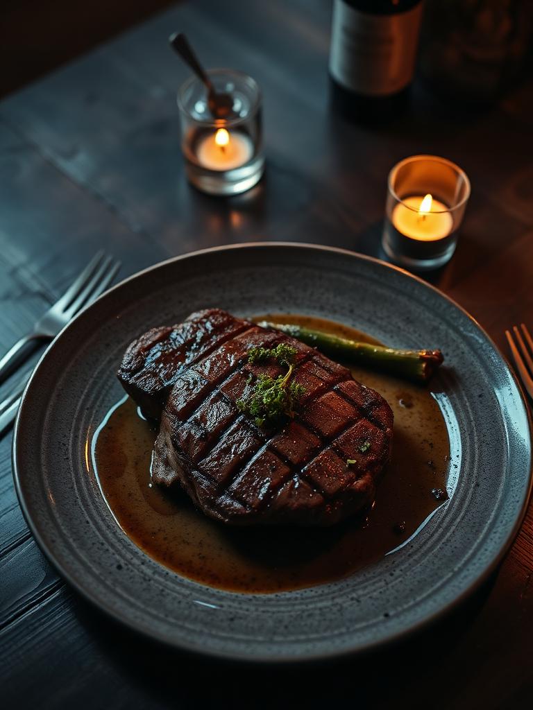 Plated wood-fired steak dinner