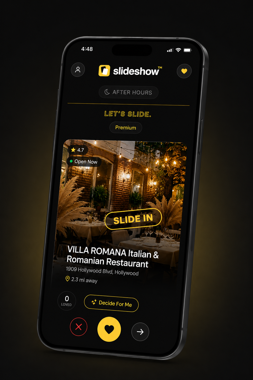 Slideshow app showing a venue card for Villa Romana with Slide In, After Hours, and Decide For Me